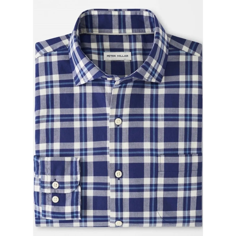 Peter Millar Truett 100% Cotton Sport Shirt Navy Plaid Size Large